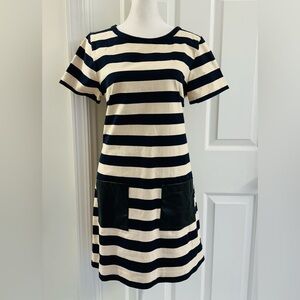 J. Crew Faux Leather Pocket Stripe Dress Women's Size M Short Sleeve Back Zip‎